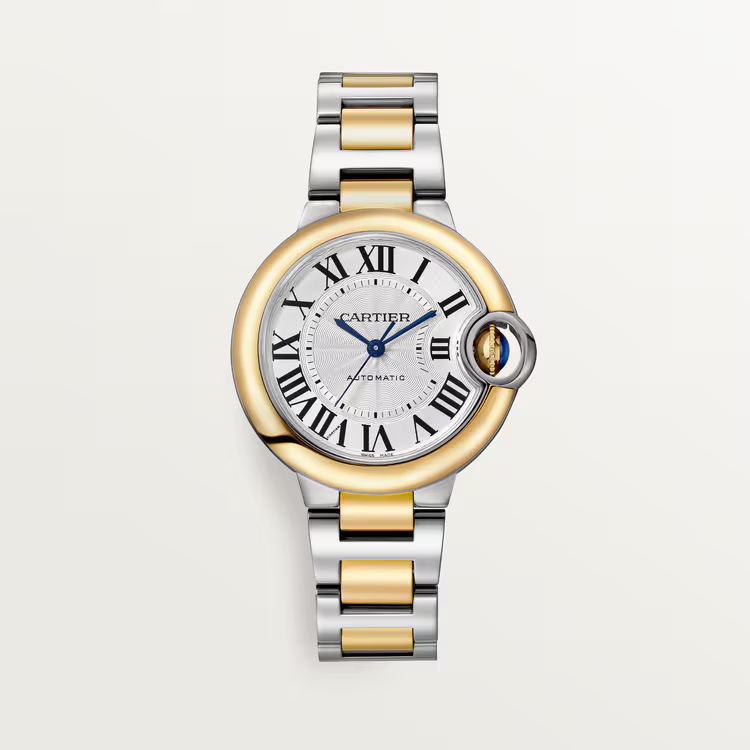 Cartier Ballon Bleu women’s luxury watch with gold and silver bracelet, white Roman numeral dial, and signature blue hands.
