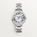 Cartier Ballon Bleu women’s luxury watch with silver stainless steel bracelet, white dial, Roman numerals, and blue hands.