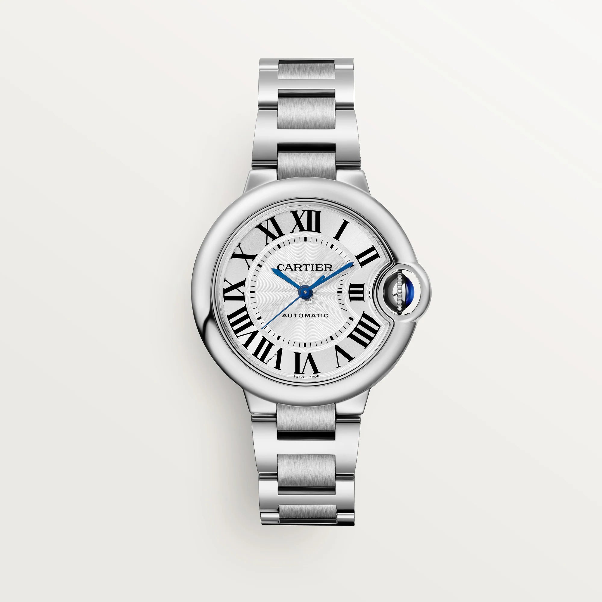 Cartier Ballon Bleu women’s luxury watch with silver stainless steel bracelet, white dial, Roman numerals, and blue hands.