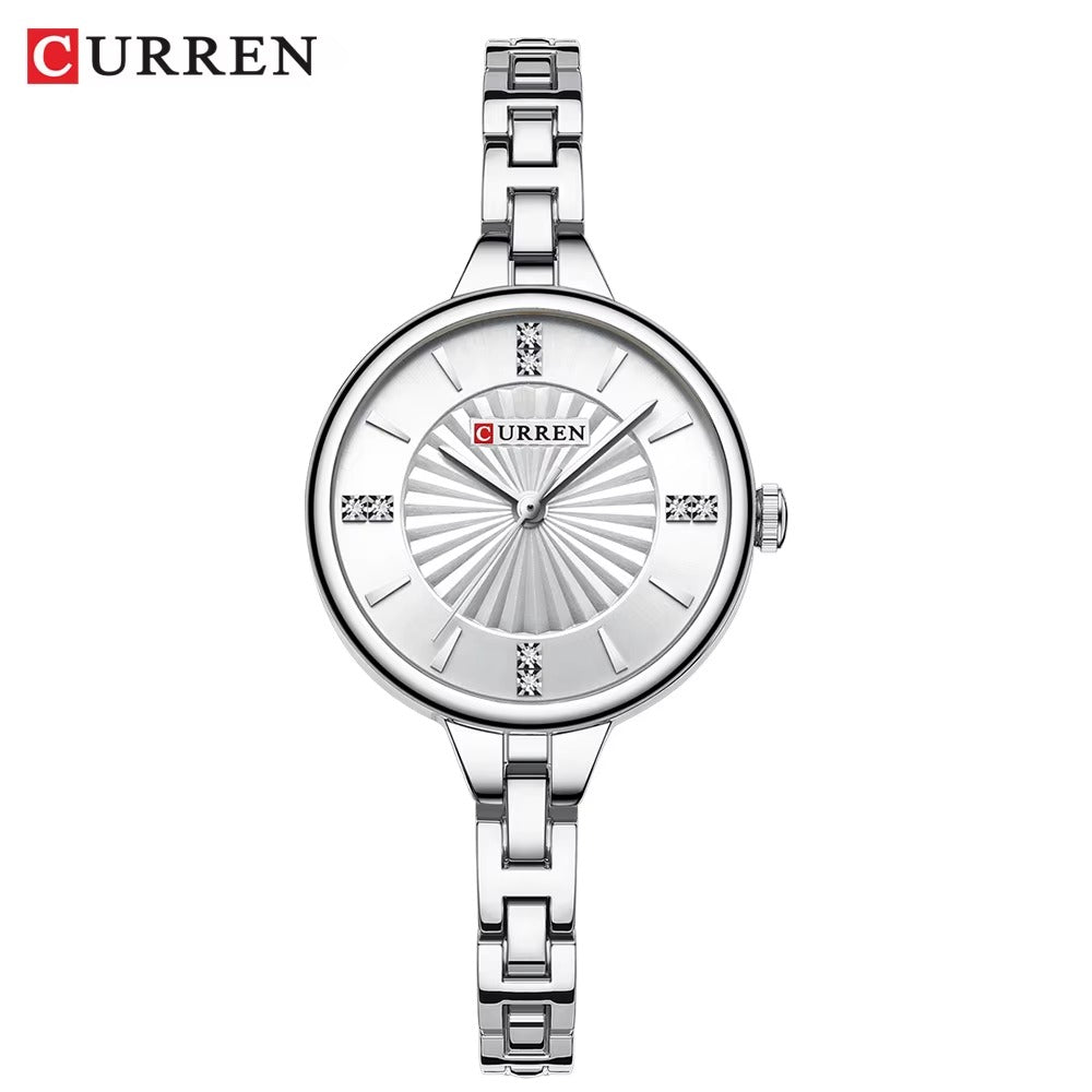 Curren 9097 women’s luxury wristwatch with silver dial and silver stainless steel bracelet.