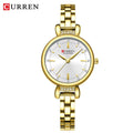 Curren Blanche women’s luxury wristwatch with white dial and gold stainless steel bracelet.