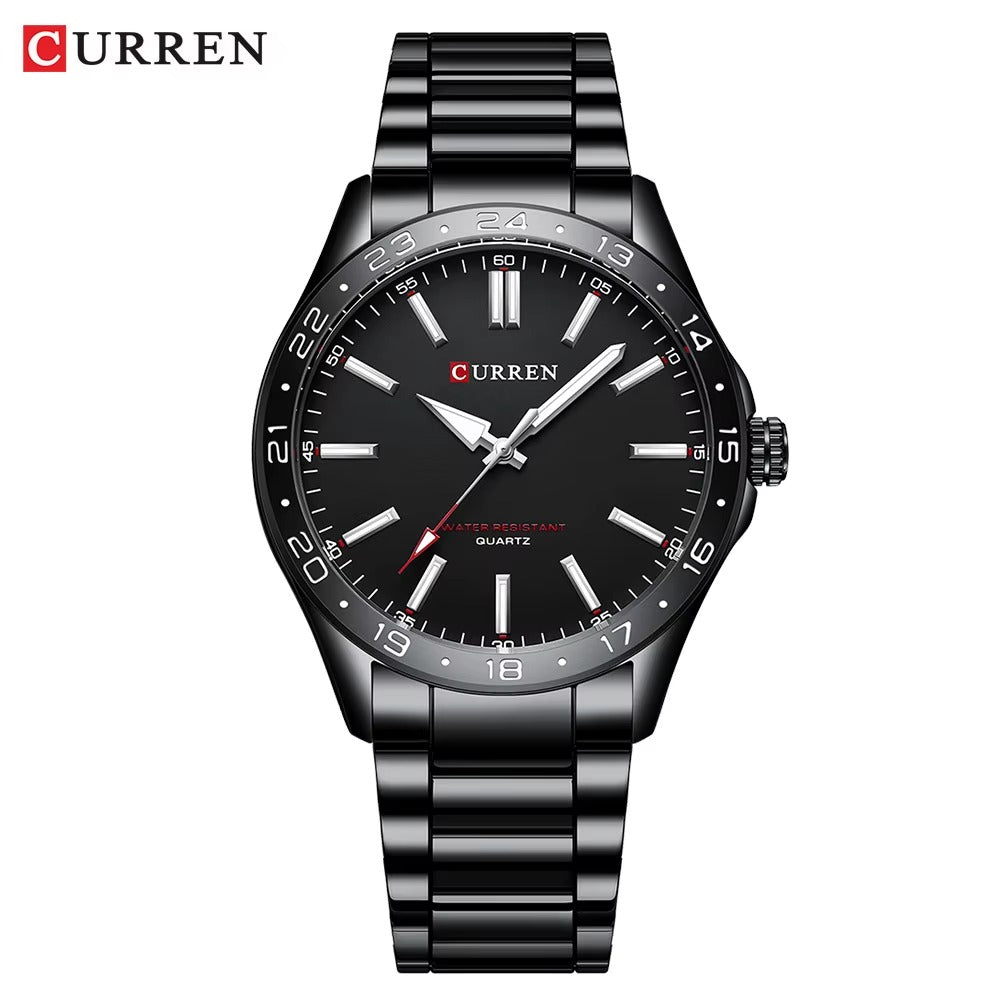 Curren black stainless steel men’s watch with black dial and modern luxury finish.
