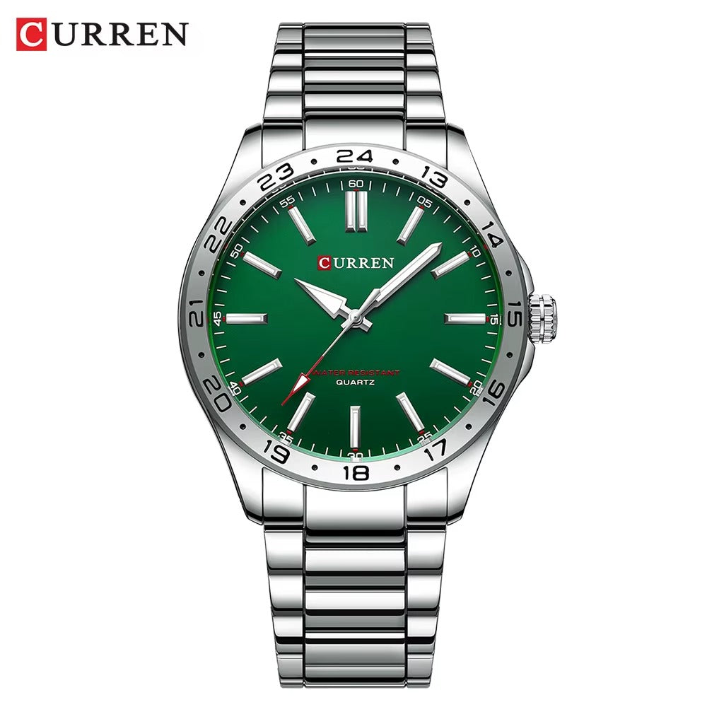 Curren men’s luxury stainless steel watch with green dial and silver bracelet.