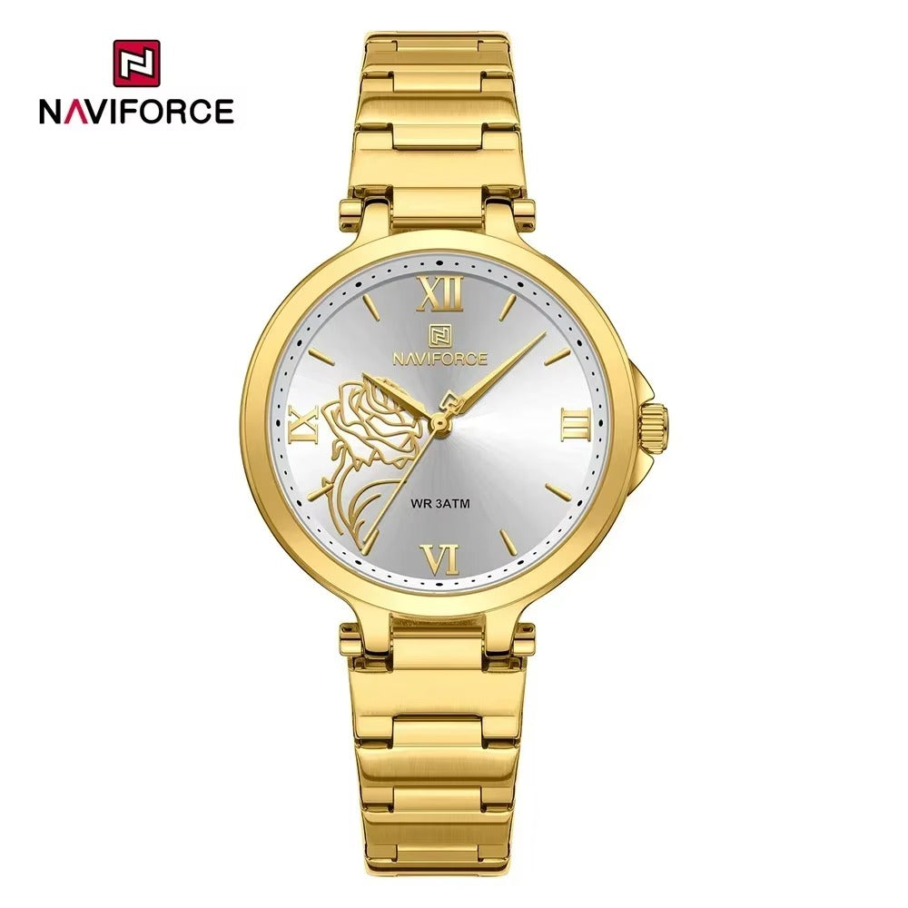 Gold wristwatch with silver face on a white background, featuring the Naviforce brand.