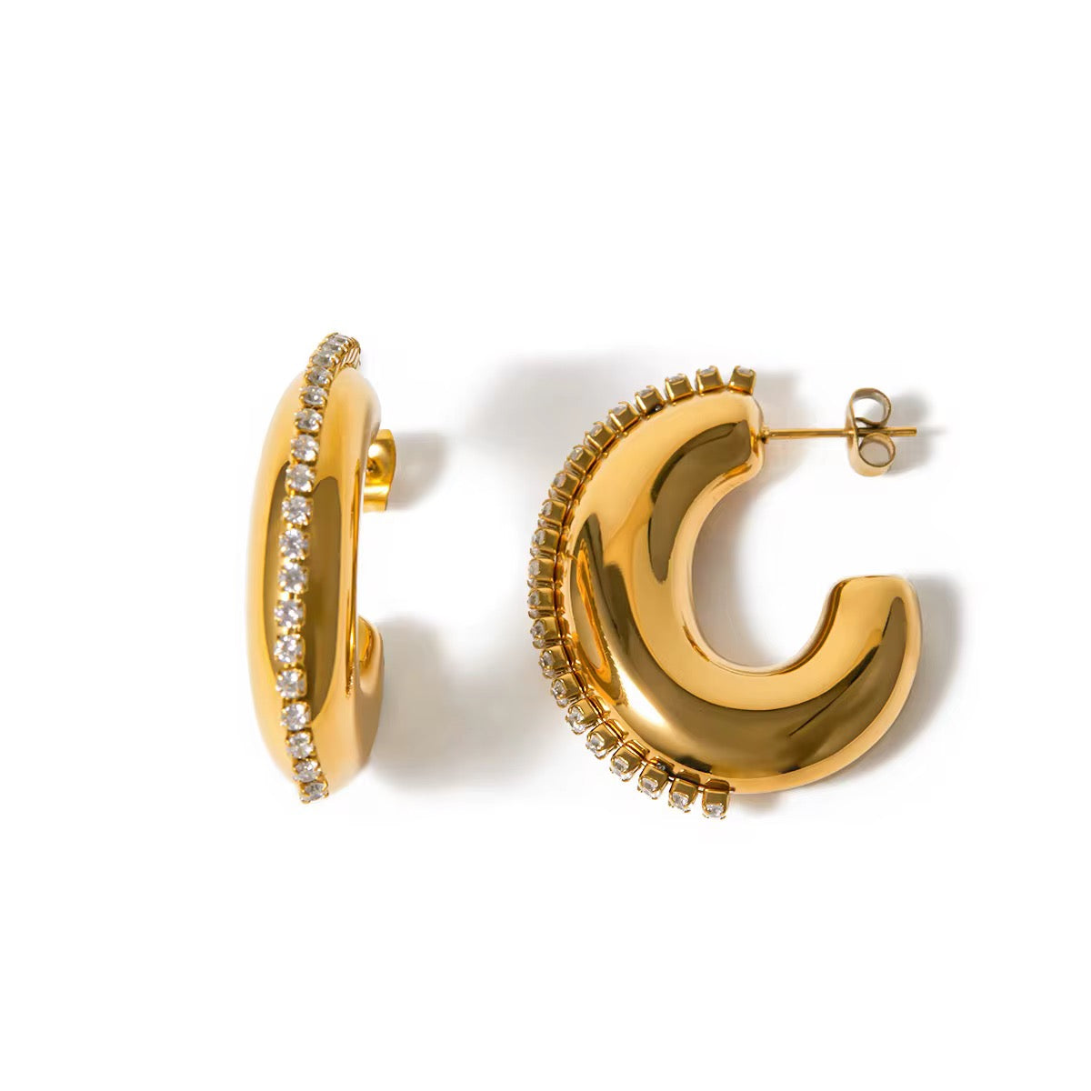 Coco Crystal Trim Hoop Earrings in a chunky gold finish featuring an outer row of inlaid crystals on a clean white background.