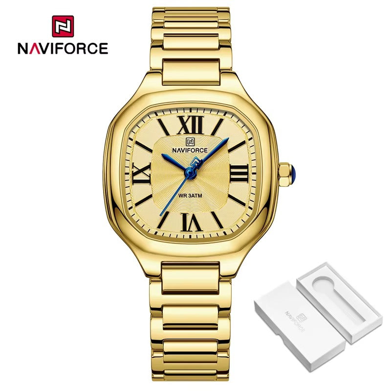 Gold Naviforce watch with a white box on a white background