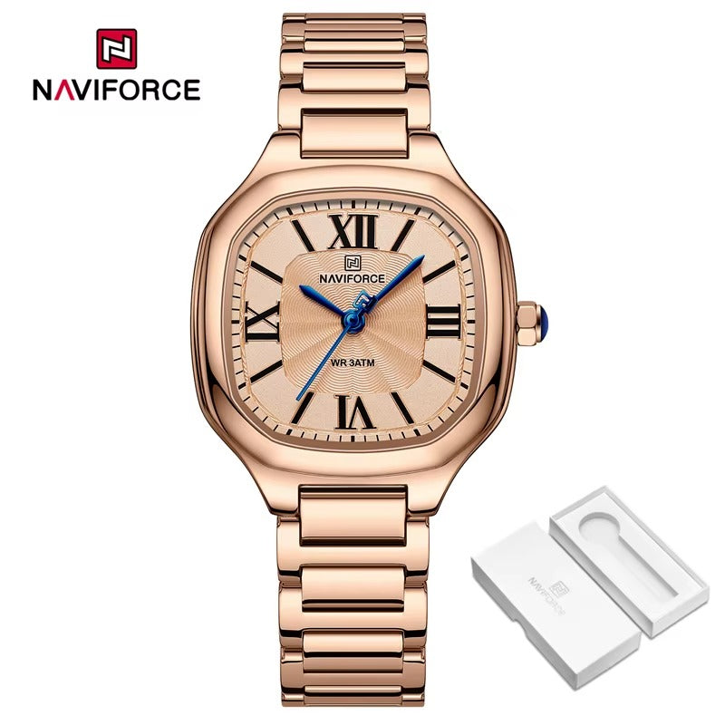 Rose gold Naviforce watch with a white box on a white background