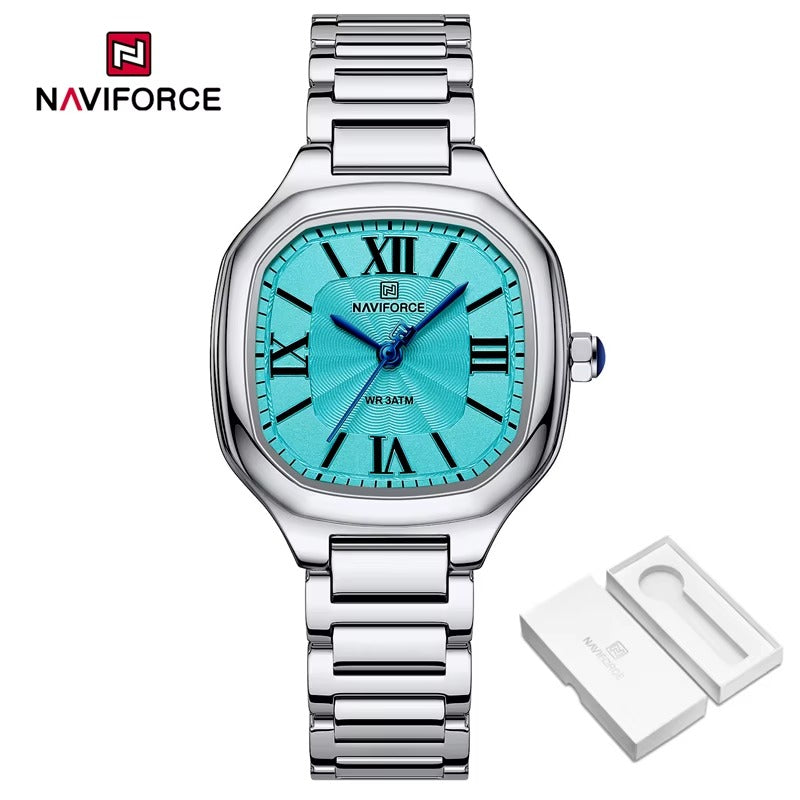 Naviforce watch with blue face and silver band on a white background