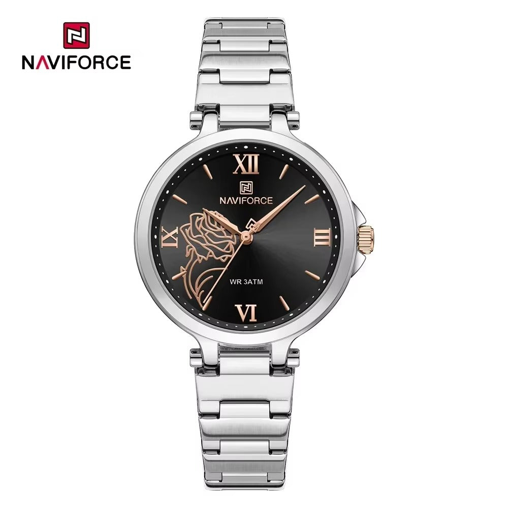 Naviforce watch with black dial and rose design on a white background
