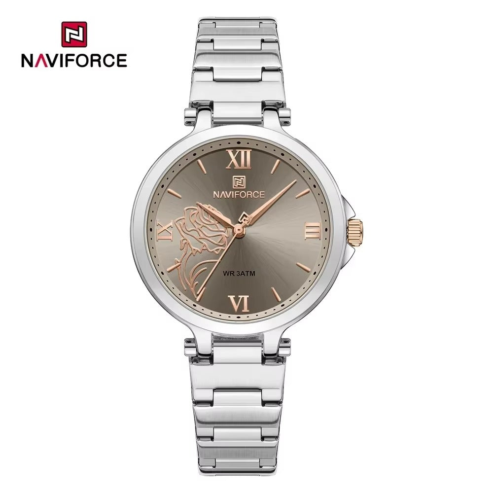 Naviforce watch with silver metal strap and brown dial on a white background